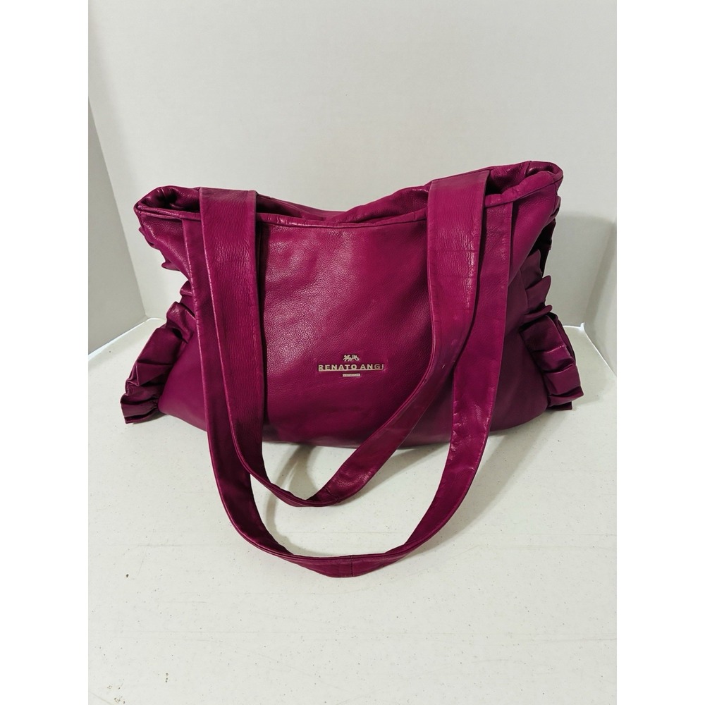 RENATO ANGI Leather Shoulder Purse Magenta Made In Italy Ruffle Sides Designer